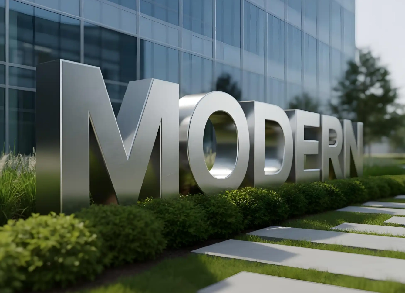 Large metallic letters spelling 'MODERN' in front of a glass building with green shrubs and stepping stones.
