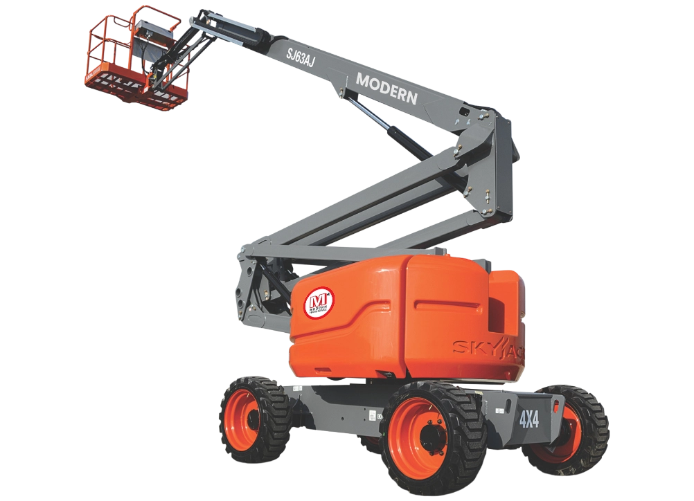 Orange and beige telescopic boom lift with safety railing platform extended upwards.