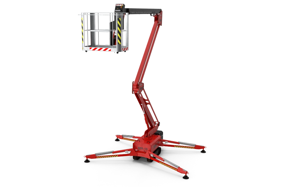 Red articulated boom lift with extended stabilizing legs and an empty metal work platform.
