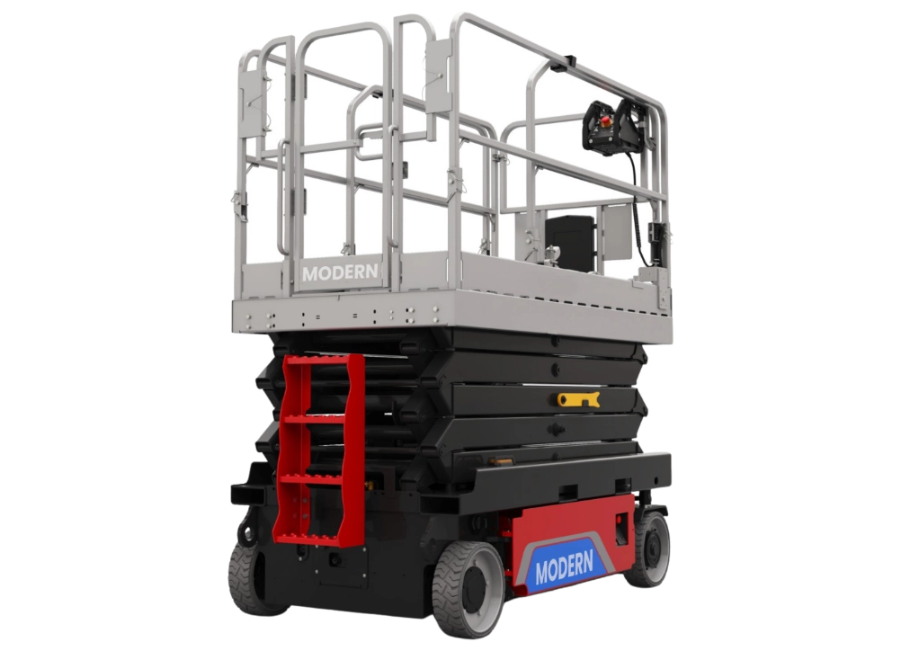 Orange and beige scissor lift with safety railings and control panel, isolated on white.