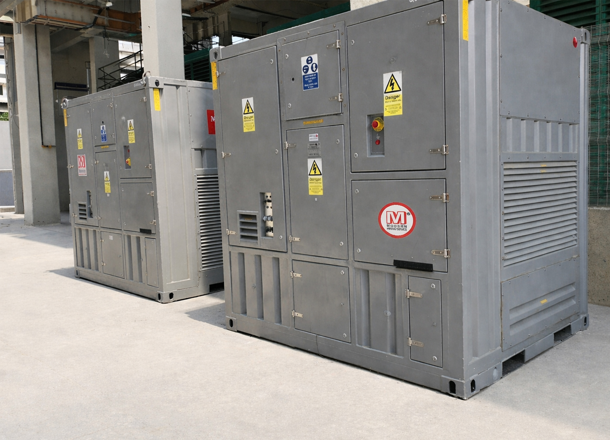 Large industrial HVAC unit with fans and copper piping installed outside a building under a partly cloudy sky.