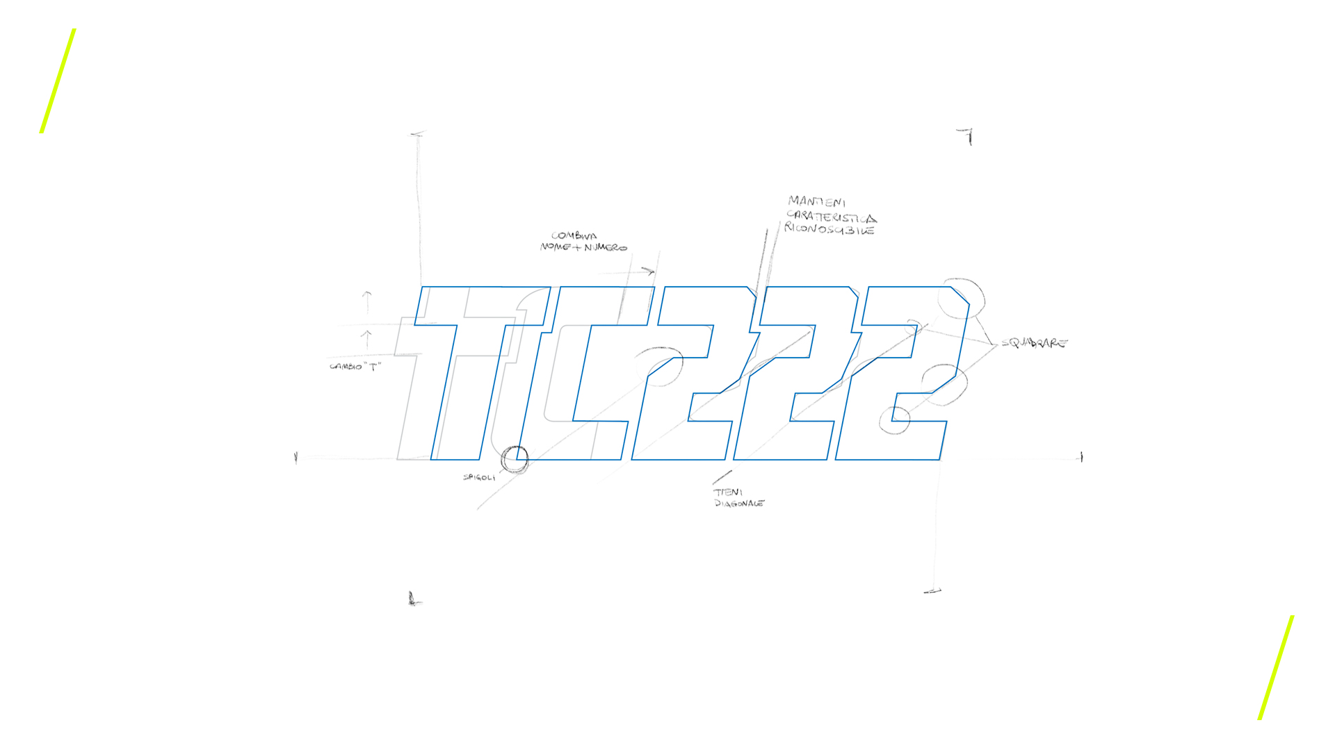 Technical sketch of stylized text 'TC222' with blue outline and handwritten design notes in Italian.
