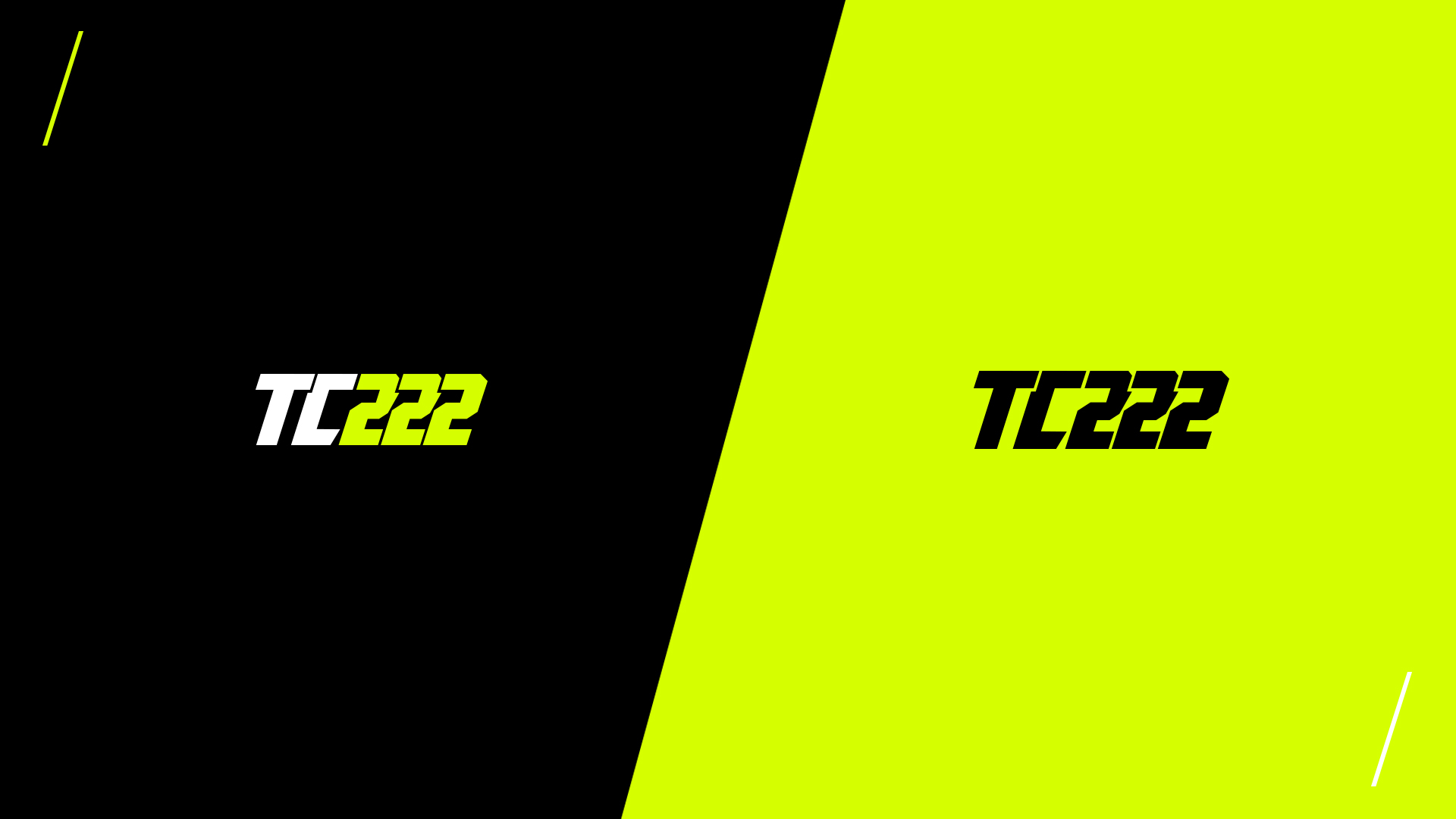 TC222 logo displayed twice with contrasting color schemes, white and yellow on black background on the left, and black on bright yellow-green background on the right.