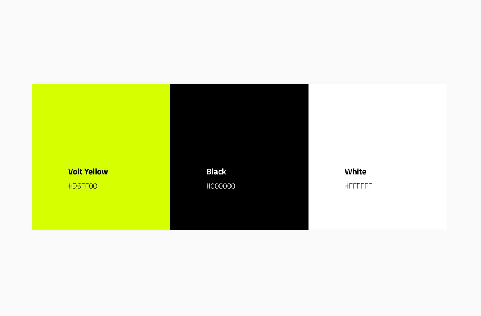 Three color blocks labeled with names and hex codes: Volt Yellow #D6FF00, Black #000000, and White #FFFFFF.