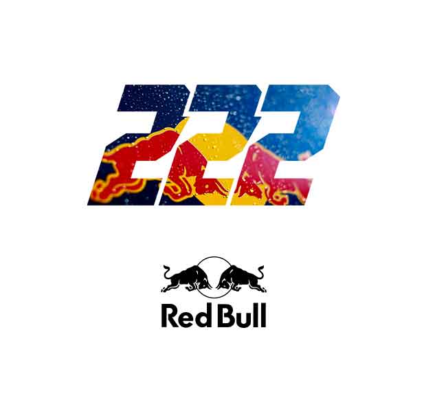 Number 222 filled with a Red Bull logo pattern above the Red Bull logo with two charging bulls and text.