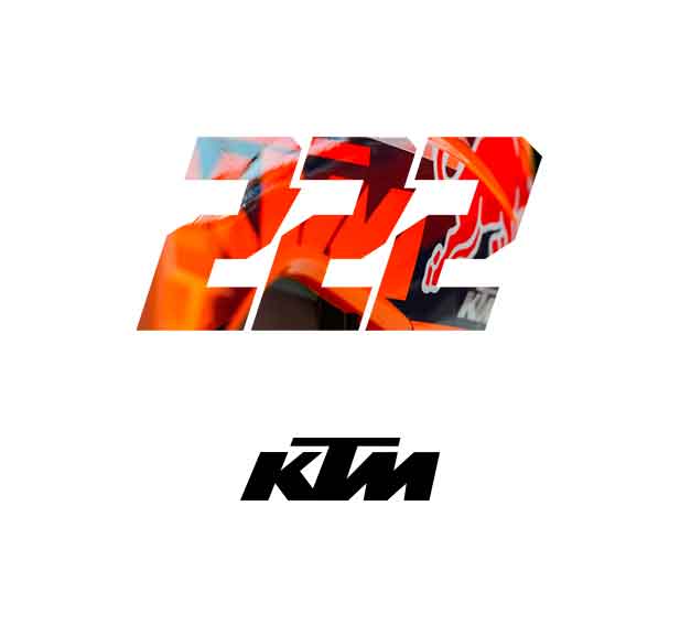 Number 222 with an orange KTM motorcycle design inside, above the KTM logo on a white background.