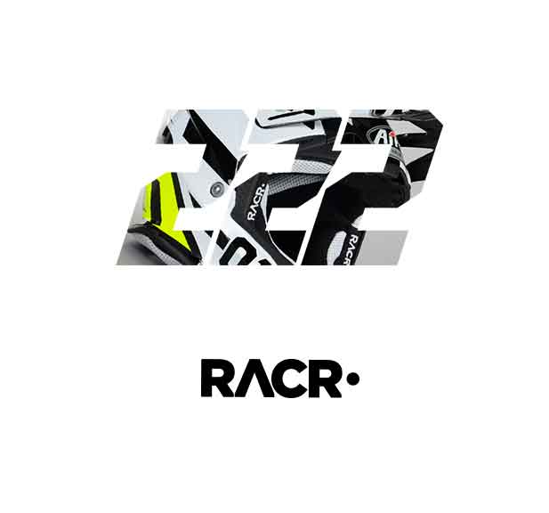 Number 222 partially filled with an image of a black and white racing glove with neon yellow accents, above the word RACR in bold black letters.