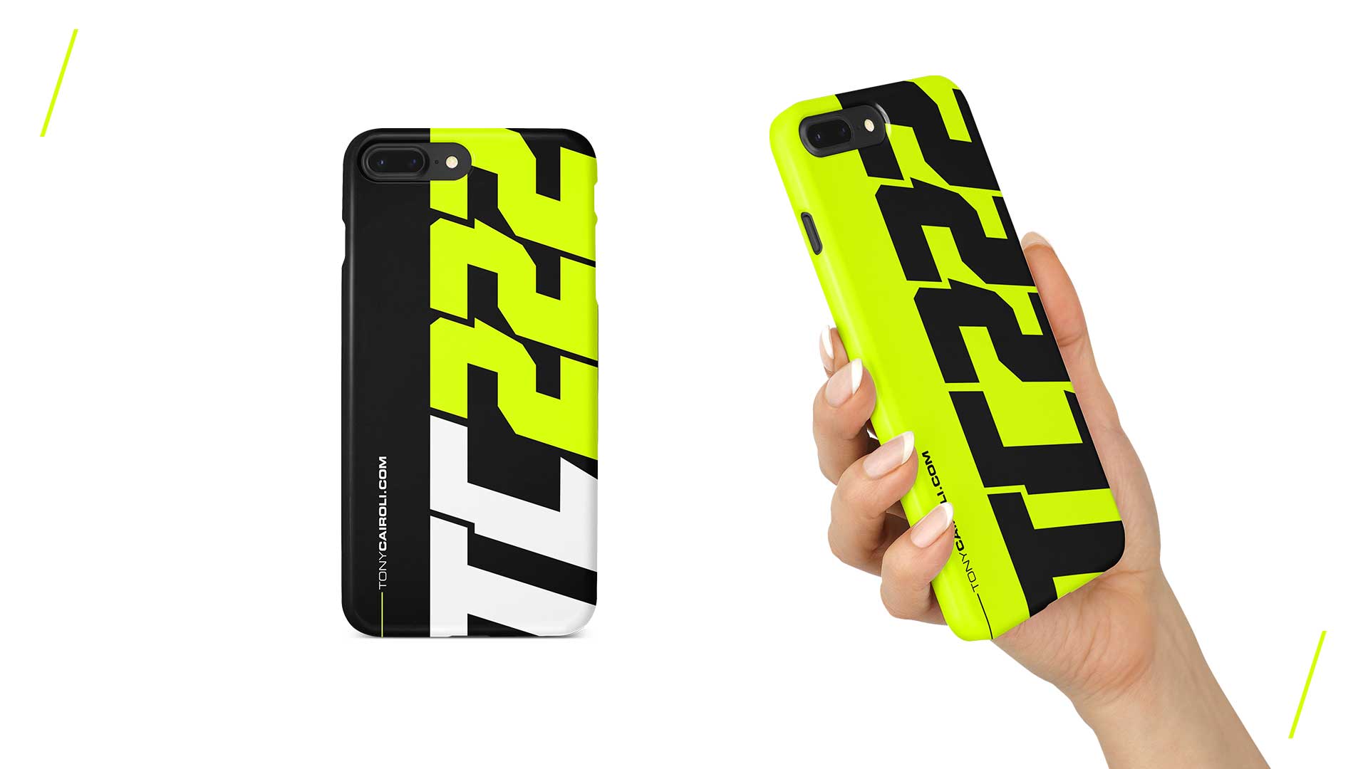 Black and neon yellow phone case with large bold text '222' in black and white, shown alone and held in a hand.