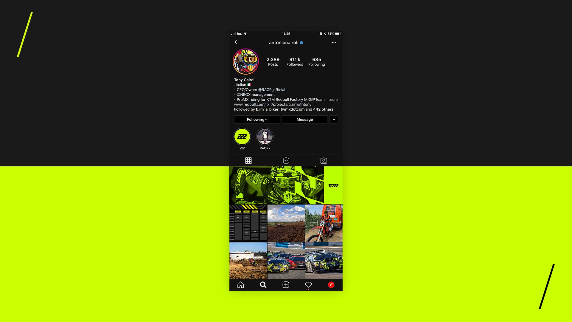 Instagram profile of Tony Cairoli with a verified badge, 911k followers, and posts featuring motocross and racing images.