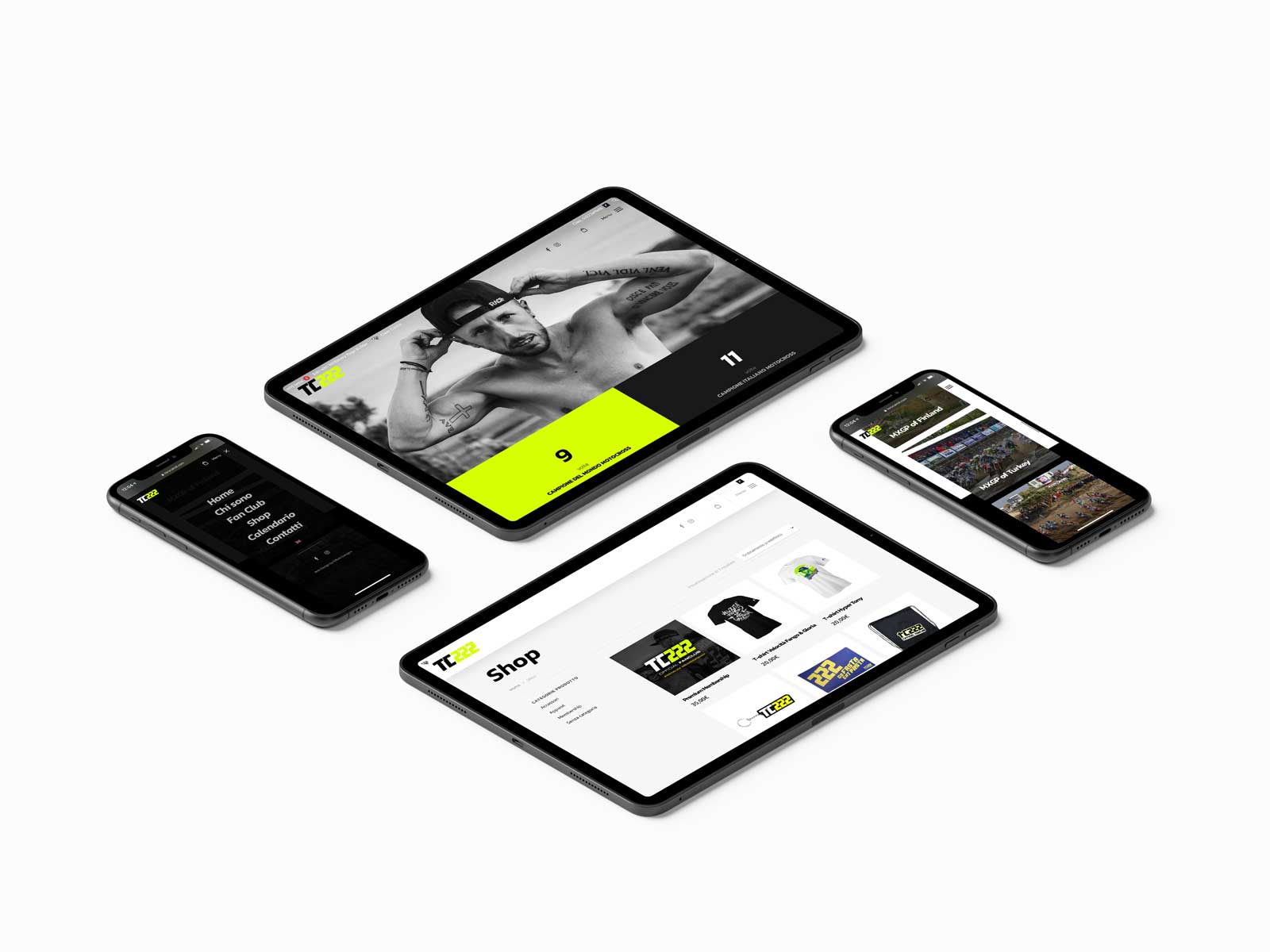Four devices displaying a website with sections including a shop, motocross rider image, menu, and race events.