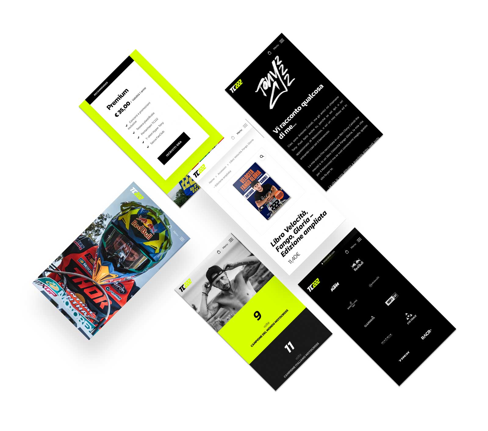 Collage of six mobile app screens featuring motocross branding, a rider in Red Bull helmet, subscription plan, book sale, rider stats, and sponsor logos.