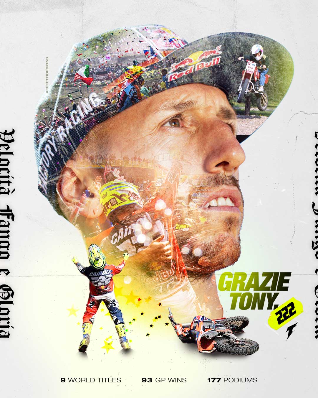 Collage of motocross racer Tony Cairoli with action shots including racing, celebration, and a fallen bike, highlighting his achievements and the text 'Grazie Tony 222'.