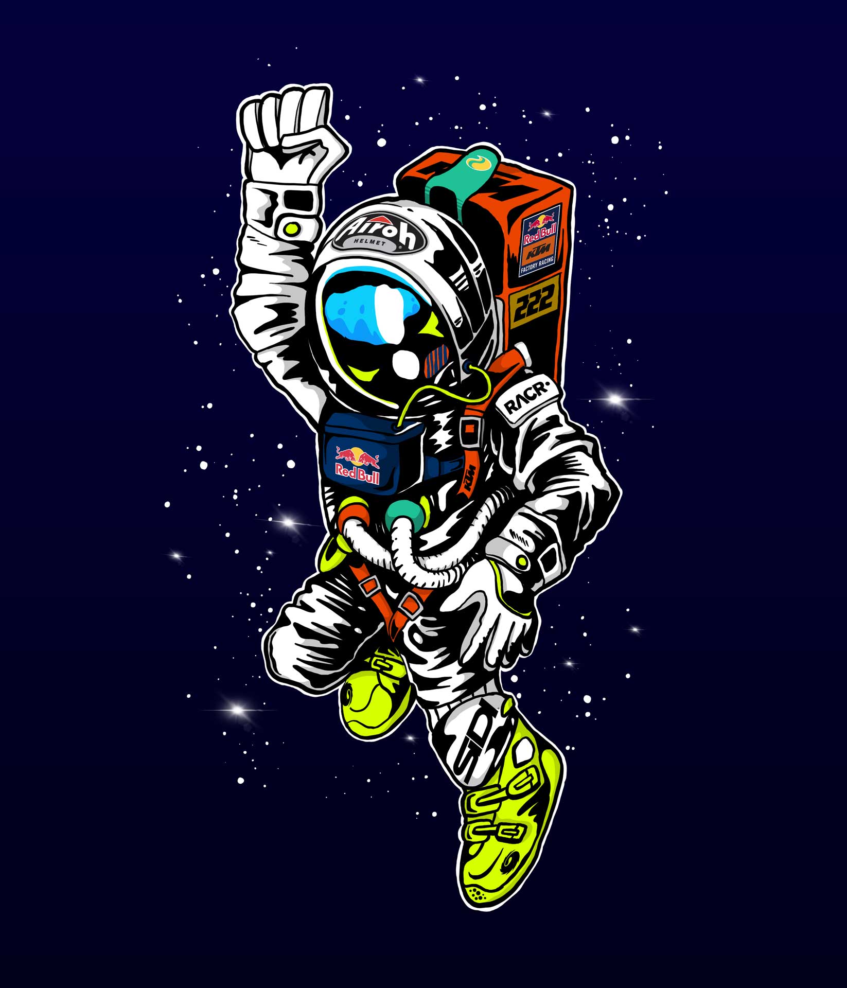 Illustration of an astronaut in a white suit with neon green shoes and a Red Bull backpack floating in space against a dark starry background.