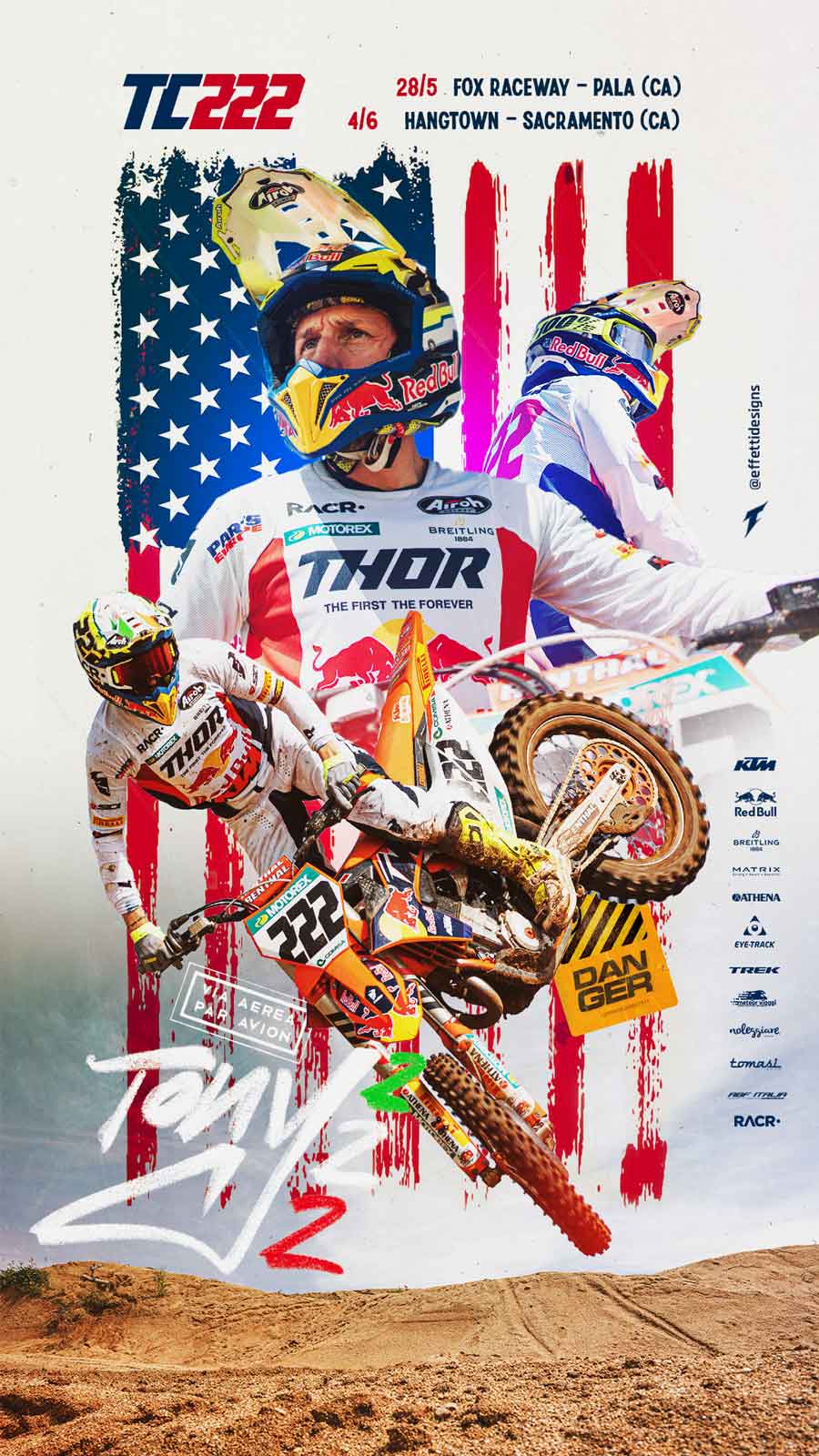 Motocross rider Jonny in white gear with number 222 performing a dirt bike stunt, with an American flag background and event dates for TC222 USA races.