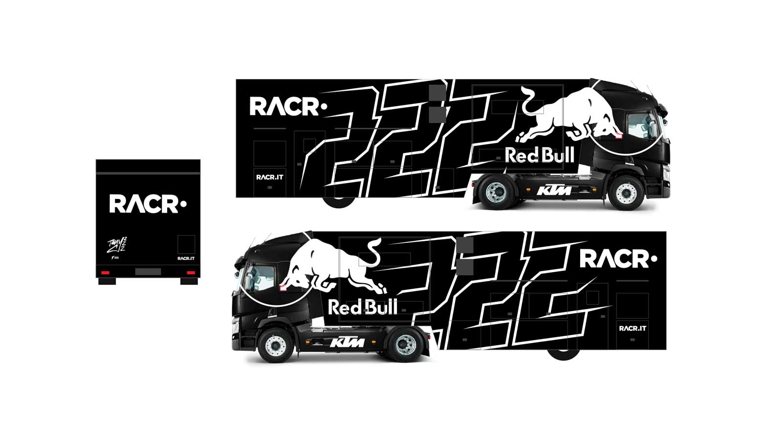 Black RACR truck and trailer with bold white and black 2227 lettering, Red Bull logo, KTM branding, and RACR text on sides and back.