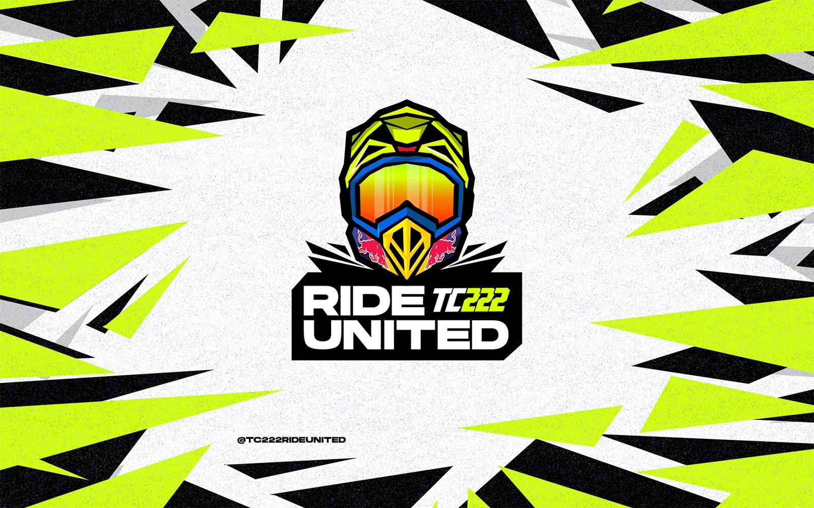 Graphic of a motocross helmet with orange visor above the text 'RIDE TC222 UNITED' surrounded by dynamic yellow and black angular shapes.