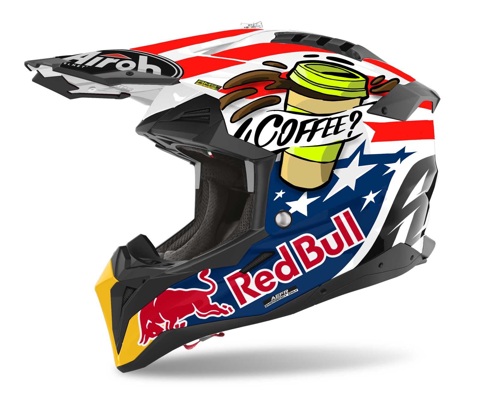 Side view of a motocross helmet with Red Bull branding, stars, stripes, and a coffee cup illustration with the text 'Coffee?'