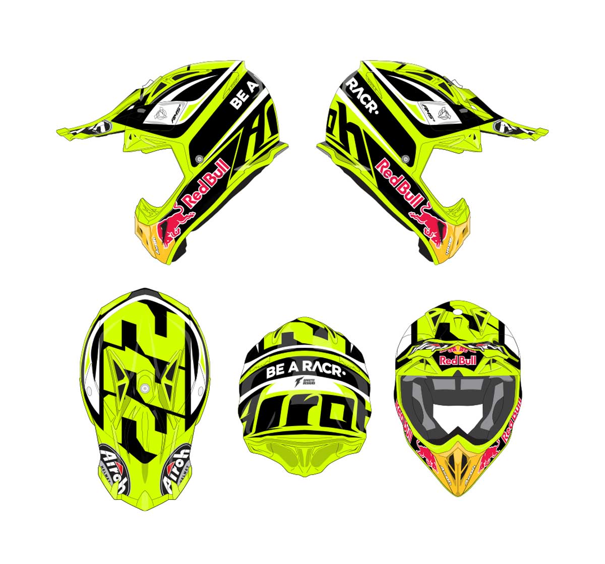 Bright yellow motocross helmet with black and white accents, Red Bull and Airoh logos, shown from five angles including side, top, back, and front.