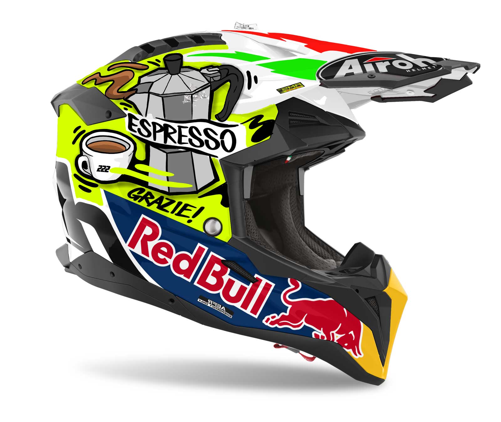 Motocross helmet with colorful design featuring an espresso pot, coffee cup, Italian flag colors, and Red Bull logo.