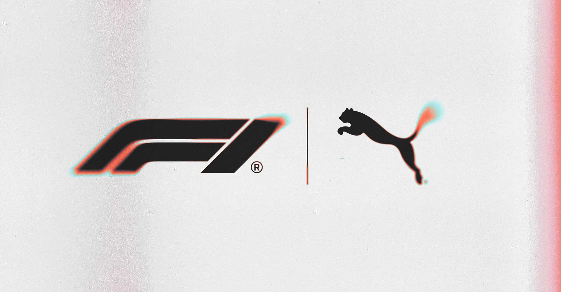 F1 logo next to Puma logo with a slight red and blue shadow effect on a white background.