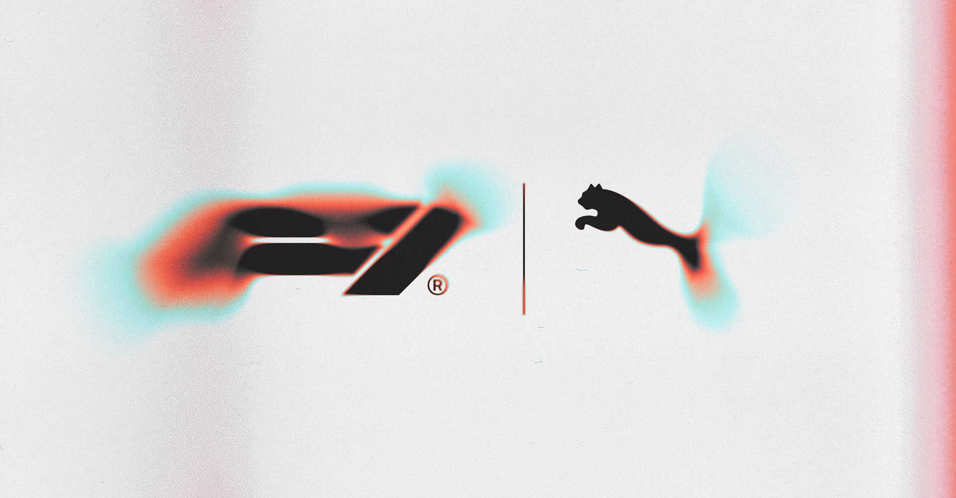 F1 and Puma logos side by side with a red and blue glowing effect on a white background.
