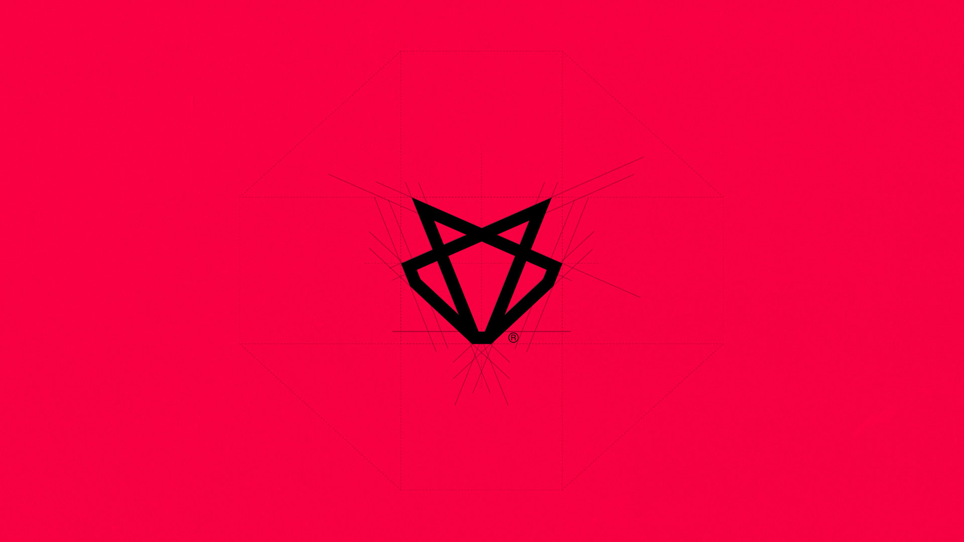 Black geometric wolf head logo centered on a bright red background with faint construction lines.