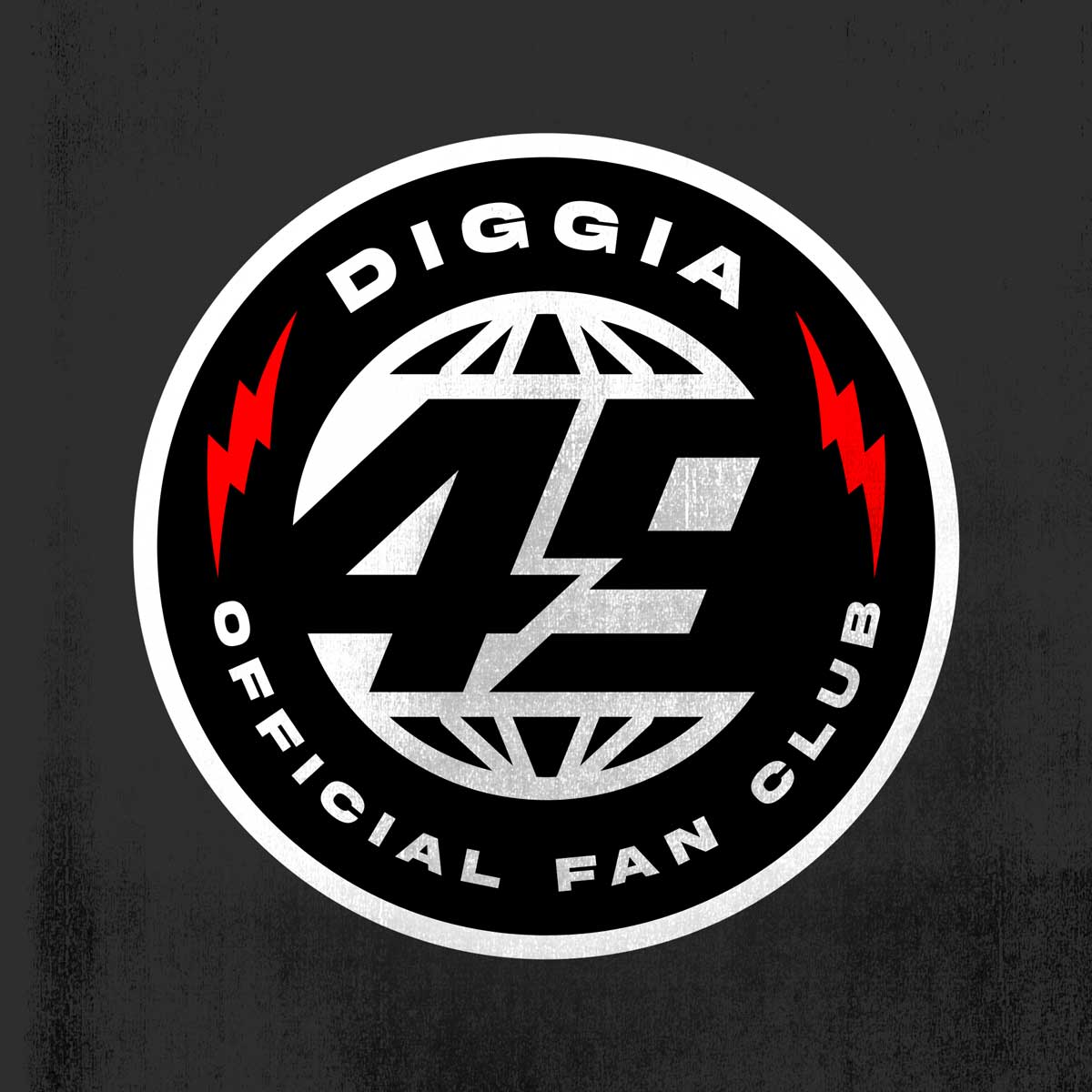 Circular logo with the text 'Diggia Official Fan Club' surrounding a stylized globe and the number 42, featuring two red lightning bolts on either side.