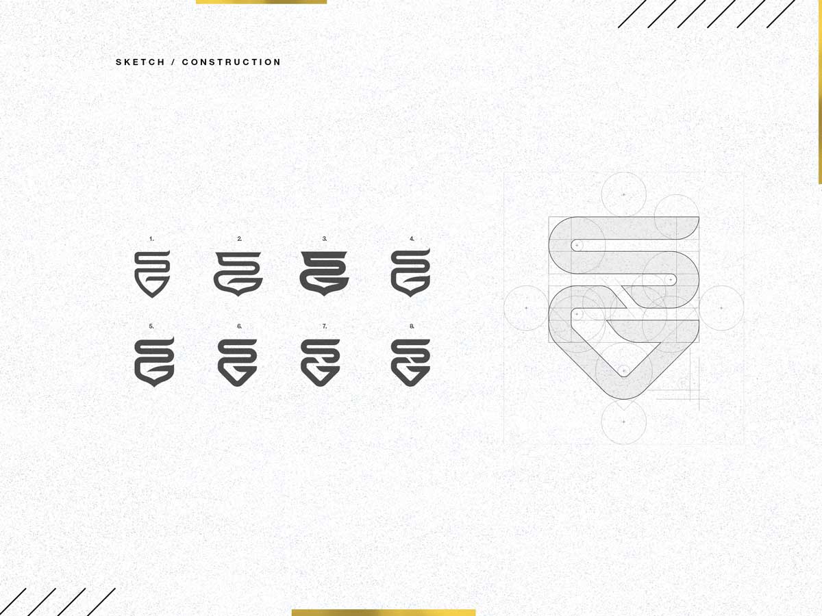 Eight numbered variations of a stylized 'S' and shield logo design on the left, and a detailed geometric grid construction of the logo on the right.