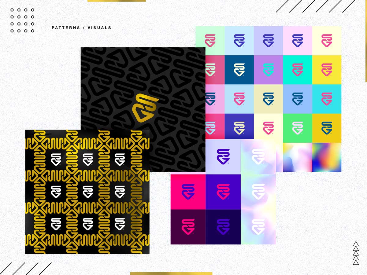 Collage of colorful abstract logo patterns featuring a stylized 'SG' design in various color combinations and arrangements.