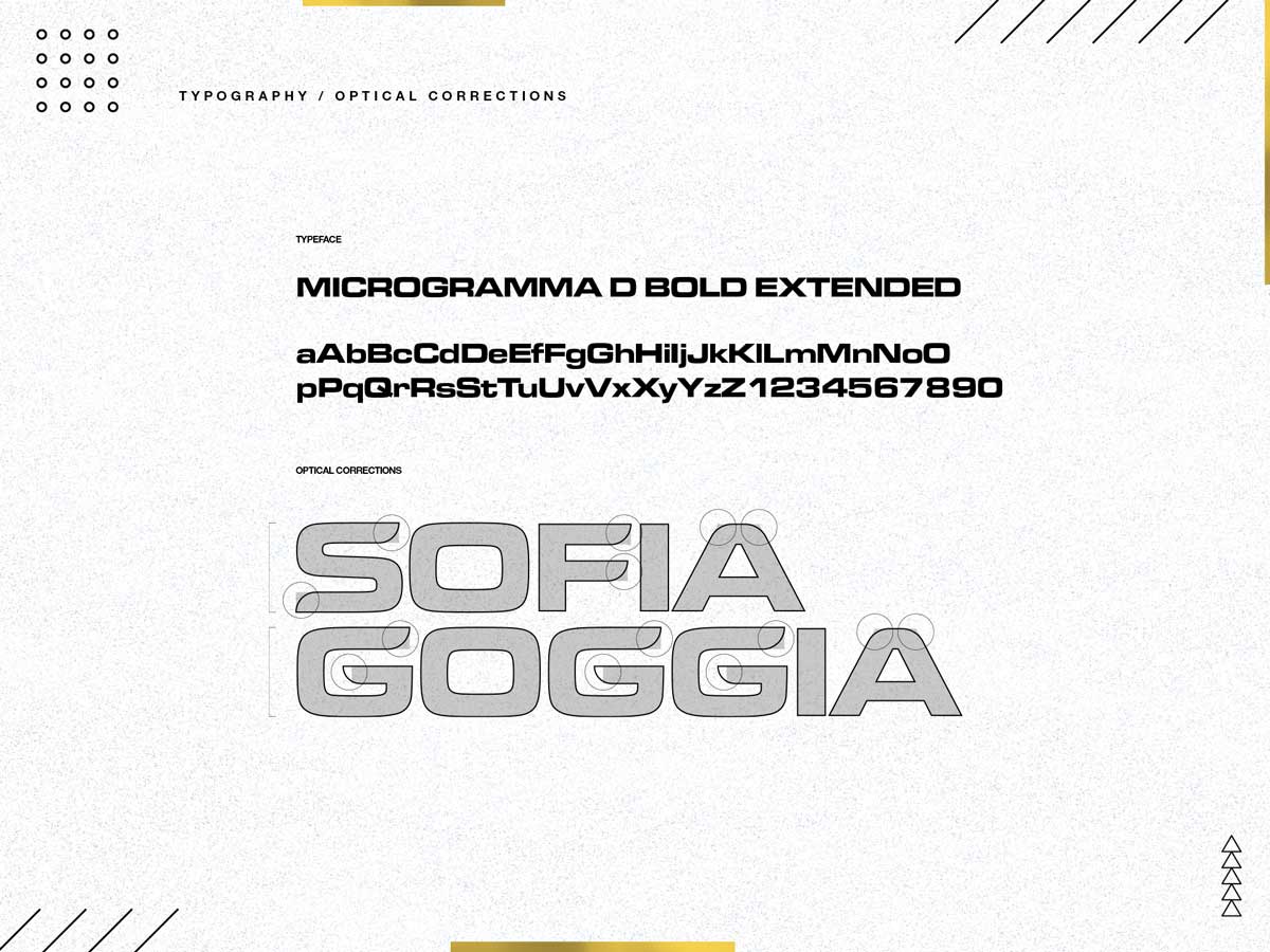 Typography sample showing Microgramma D Bold Extended typeface with uppercase, lowercase letters, numbers, and optical corrections for the text 'SOFIA GOGGIA'.