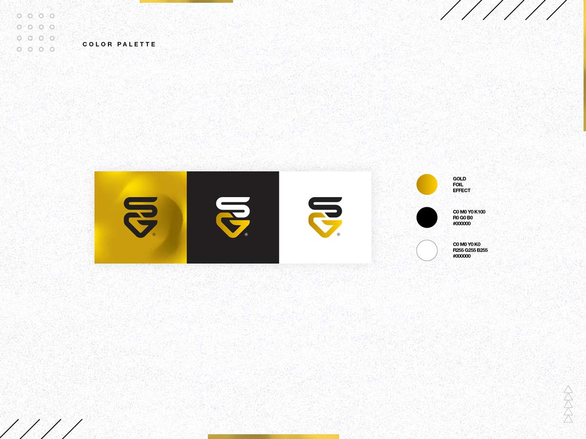 Three logo variations with color palette including gold foil effect, black, and white backgrounds with corresponding color codes.