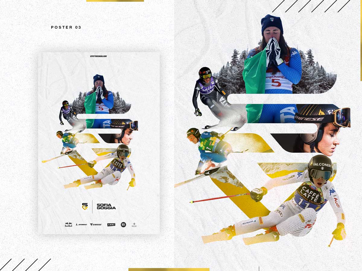 Collage poster of Sofia Goggia in various skiing poses and a moment of prayer, with logos of sponsors at the bottom.