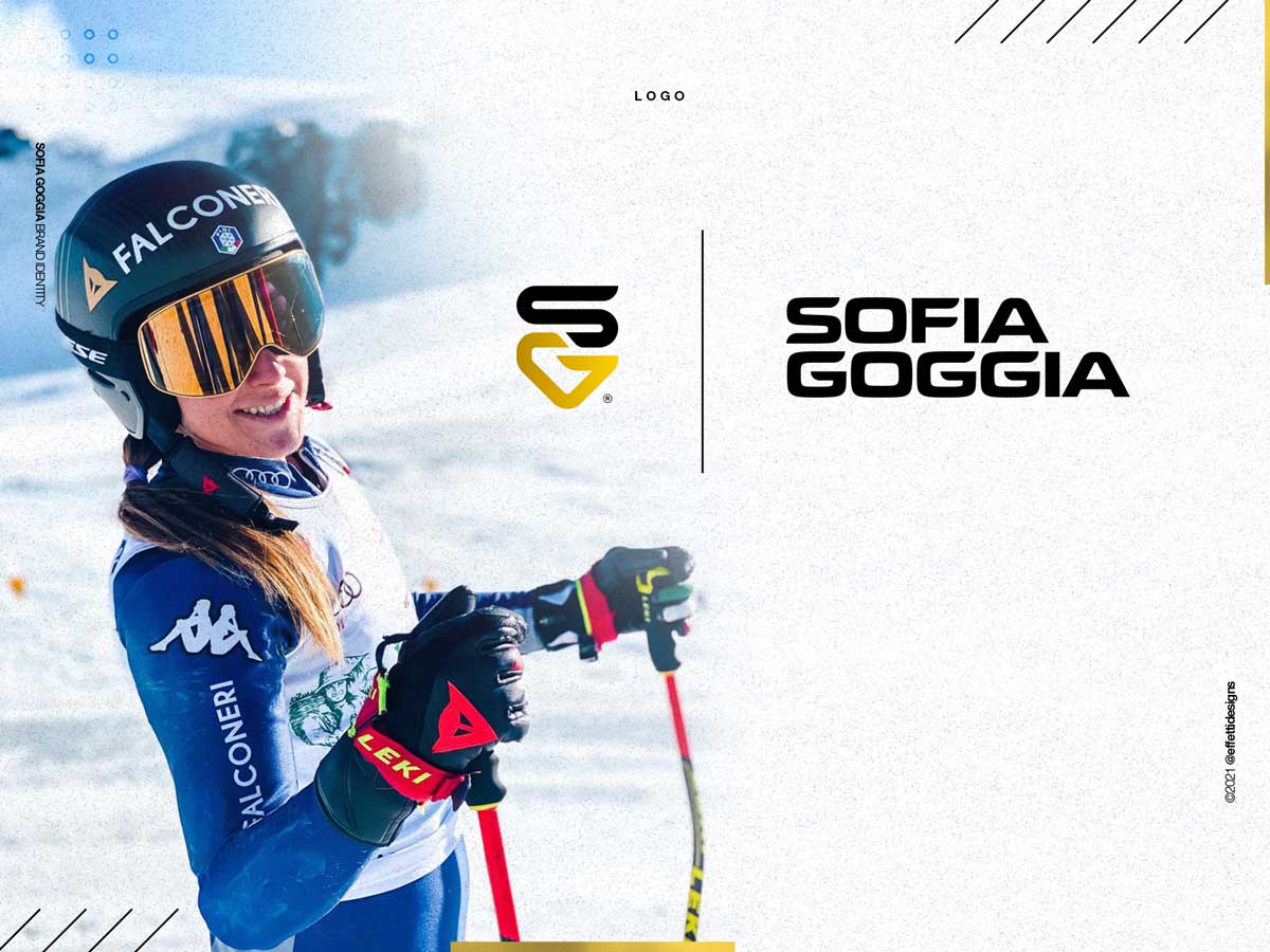 Ski athlete Sofia Goggia smiling on snowy slope wearing helmet and ski gear with SG logo and her name on white background.