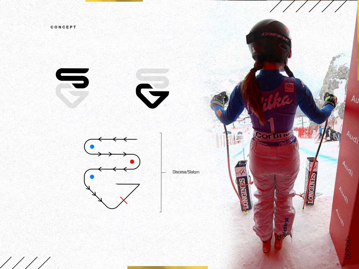 Back view of a female skier wearing a helmet and race bib number 1, standing at a snowy ski slope start gate next to a red Audi banner, alongside two stylized black and gray SG logos and a diagram of a slalom ski course labeled Discesa/Slalom.