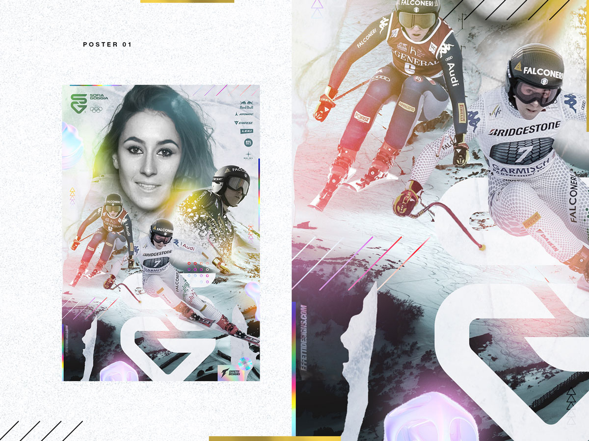 Ski racing poster featuring a large grayscale portrait of Sofia Goggia with multiple images of her skiing down a snowy slope, accompanied by sponsor logos.
