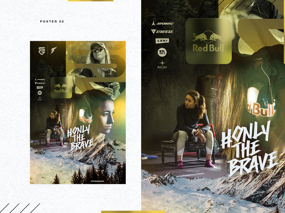 Sports-themed poster featuring a woman sitting on a bench holding a Red Bull can, with a mountainous snowy landscape and the text '#ONLY THE BRAVE'.