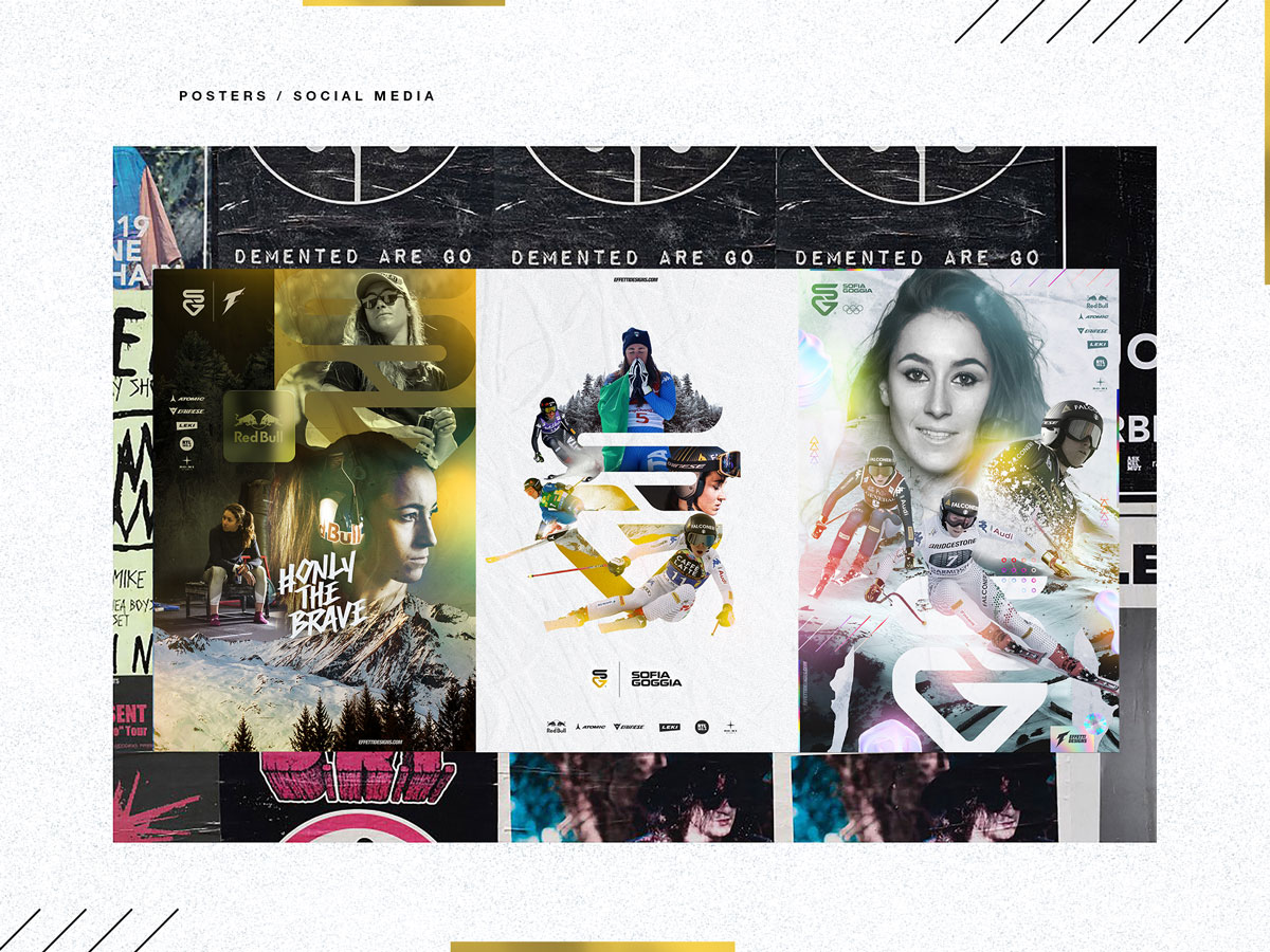 Three artistic posters of Sofia Goggia showcasing various action skiing shots and portraits with sponsors' logos.