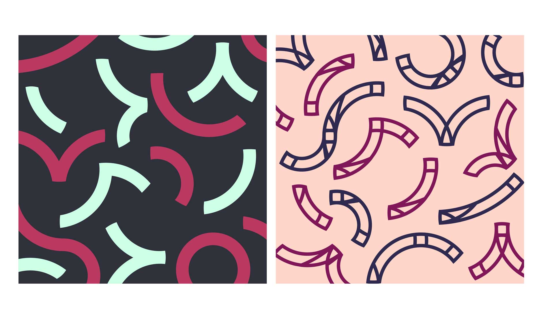 Two abstract patterns side by side: left pattern with solid mint green and maroon curved shapes on dark gray background, right pattern with navy and maroon outlined curved shapes with decorative details on peach background.