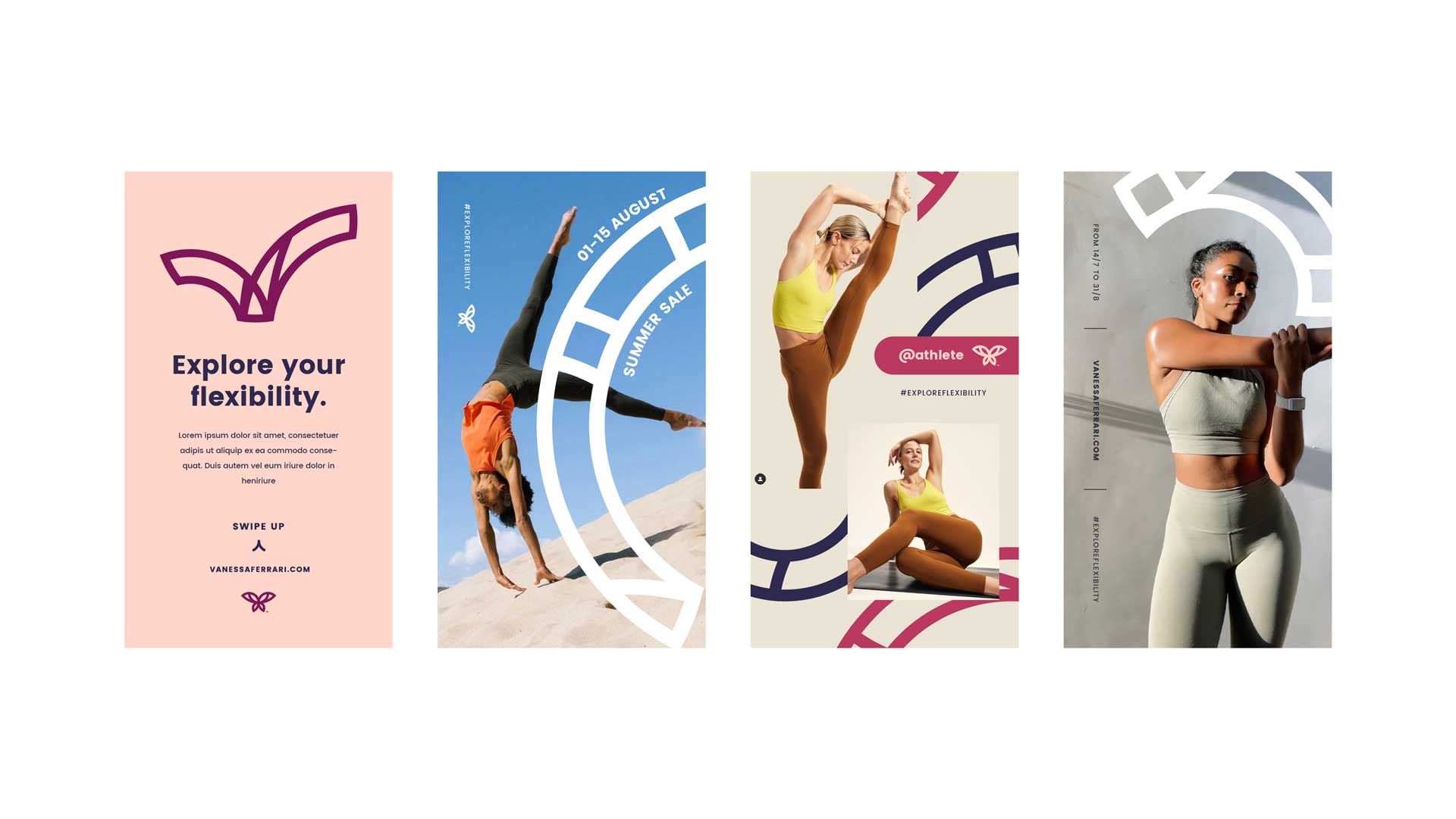 Four-panel digital design promoting flexibility with images of women in activewear performing stretches and a handstand on sand under clear blue sky.