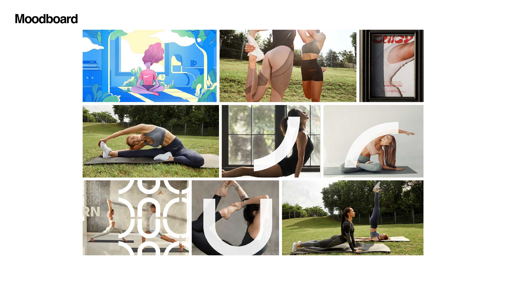 Moodboard collage featuring women in various yoga and stretching poses outdoors and indoors, with one digital illustration of a woman meditating.