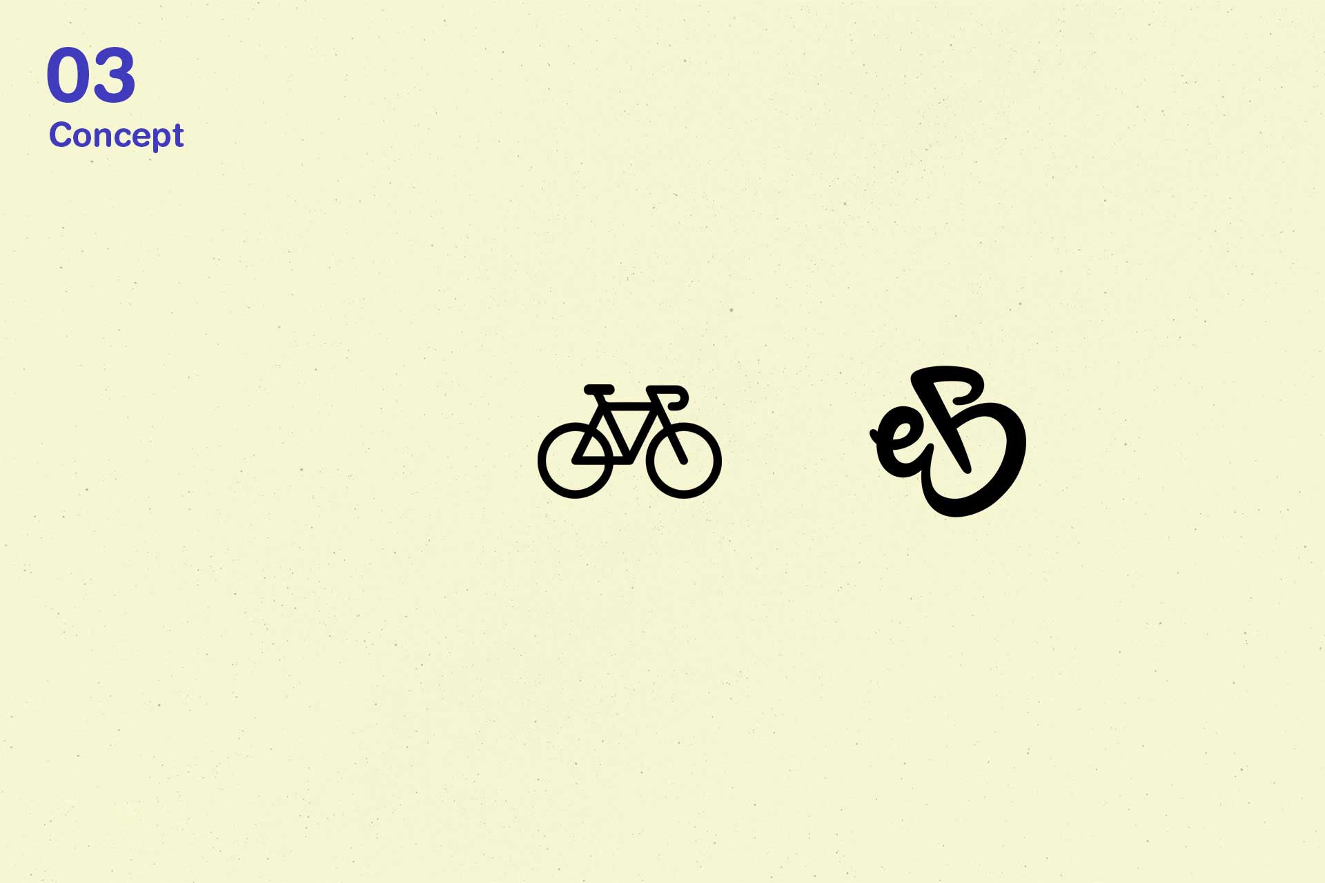 Minimalist graphic showing a bicycle icon and the stylized letters 'eB' with the heading '03 Concept' in blue on light beige background.