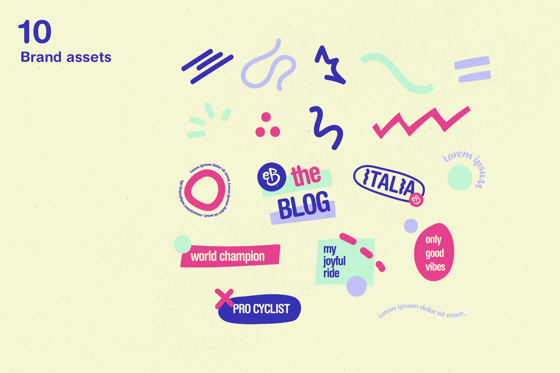 Collection of colorful brand assets including scribbles, badges with phrases like 'the BLOG', 'world champion', 'PRO CYCLIST', and 'only good vibes' on a light background.