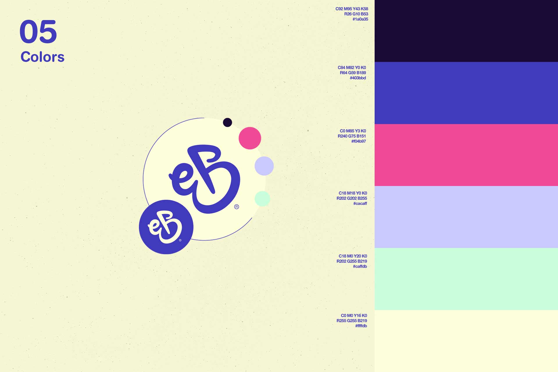 Color palette with five horizontal color bars from dark navy to mint green and cream, each annotated with CMYK, RGB values, and hex codes, alongside two overlapping circular logos with stylized 'eB' letters.