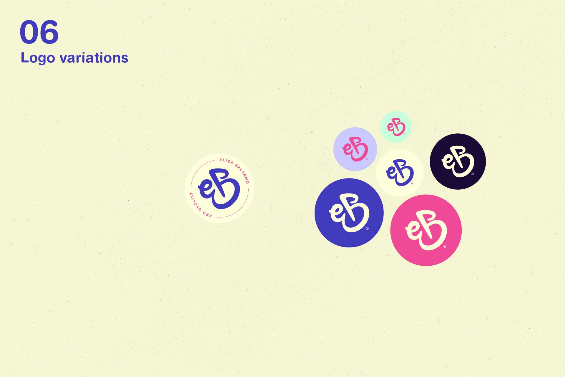 Multiple circular logo variations featuring stylized lowercase letters 'eB' in different color backgrounds such as purple, pink, light blue, cream, and black.