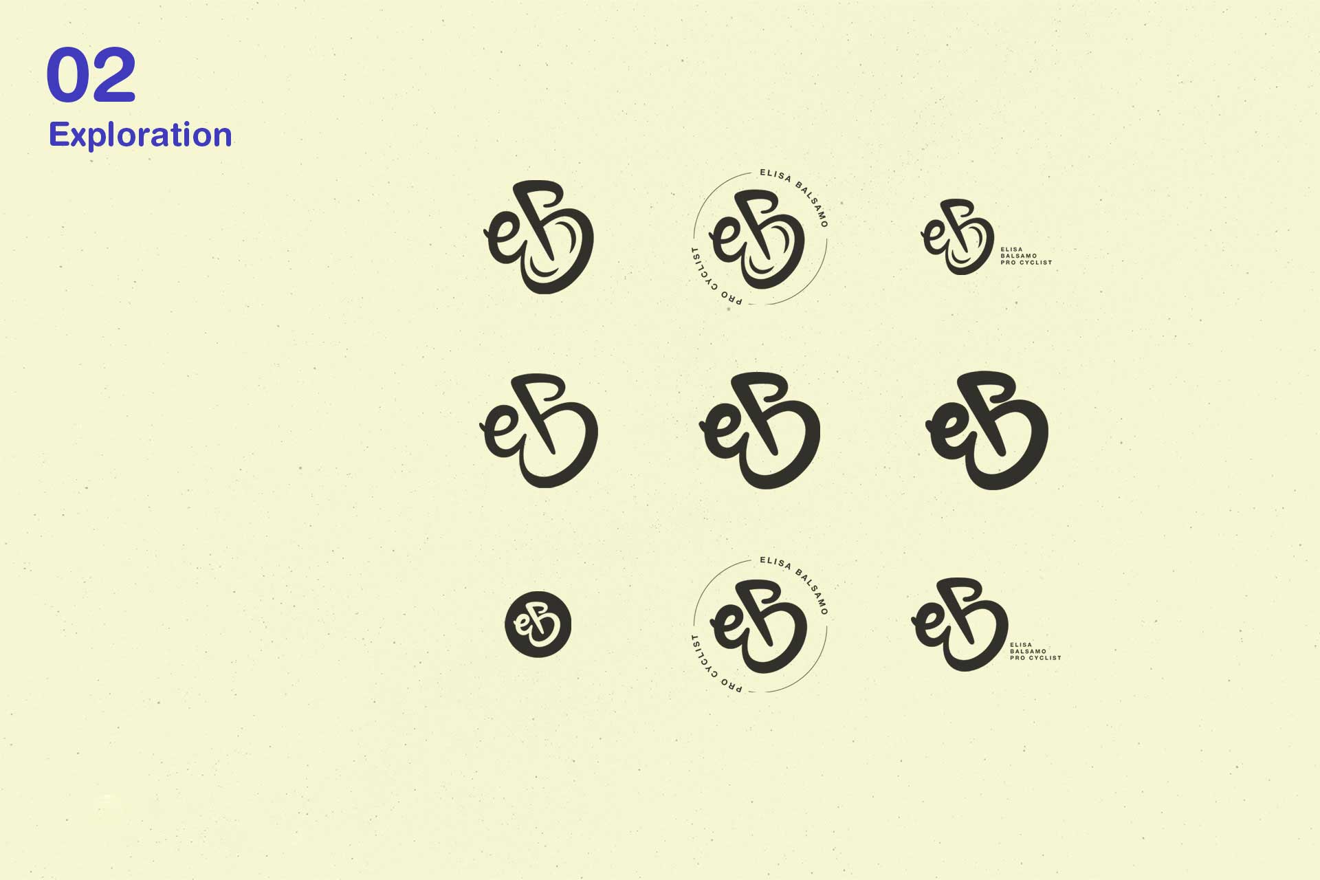 Various black logo designs featuring stylized lowercase 'e' and uppercase 'B' with options including circular text around the logo reading 'Elisa Balsamo Pro Cyclist' on a beige background.
