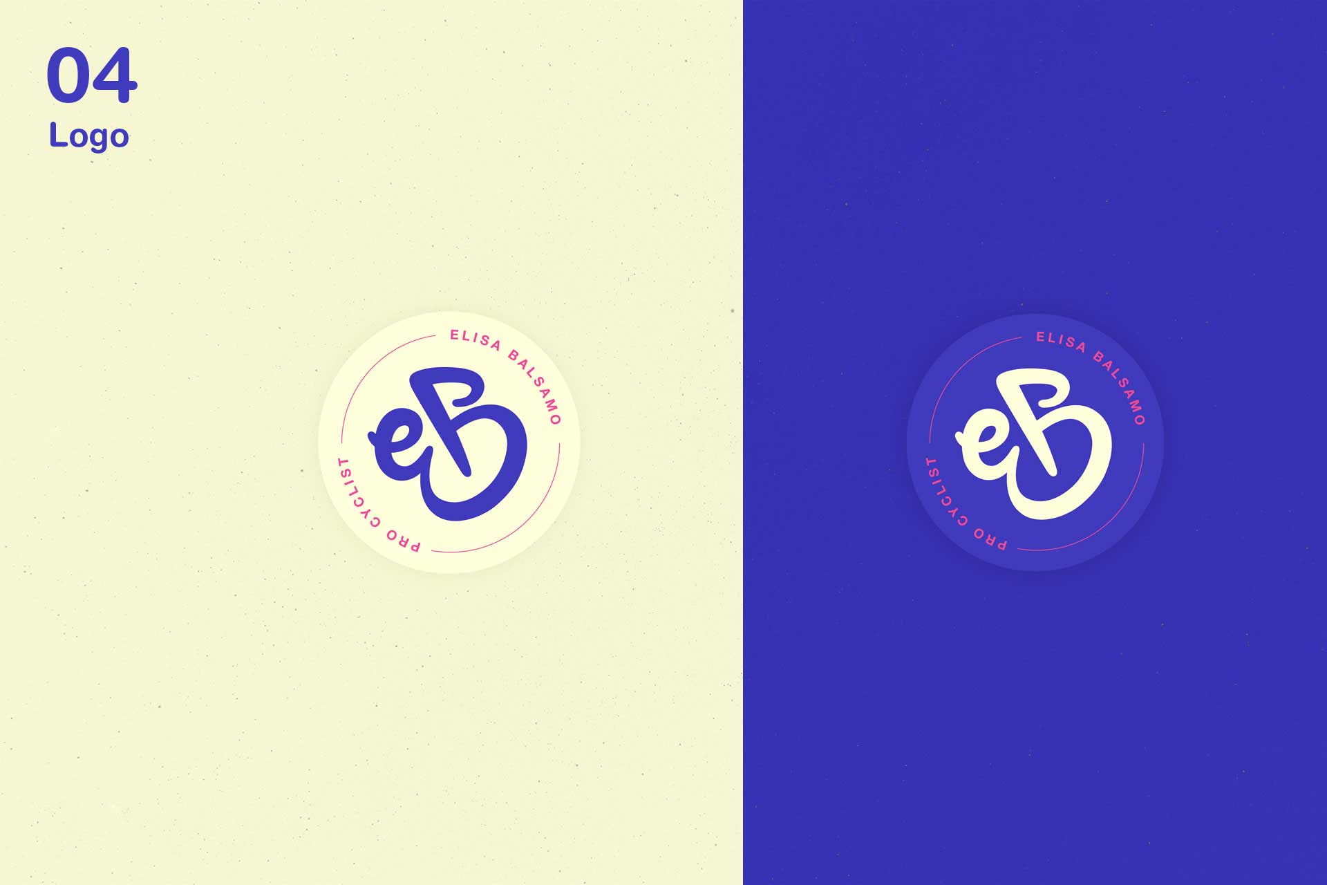 Two circular logos with stylized lowercase letters 'eB' in the center, one on a cream background and one on a blue background, with the words 'ELISA BALSAMO PRO CYCLIST' around the edge.