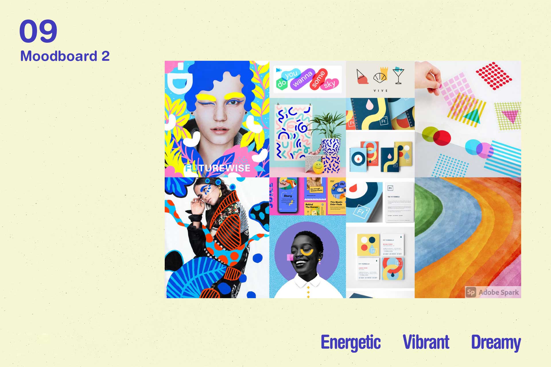 Moodboard collage featuring vibrant, energetic, and dreamy design elements including colorful abstract patterns, graphic portraits, playful typography, and a rainbow-colored curved path.