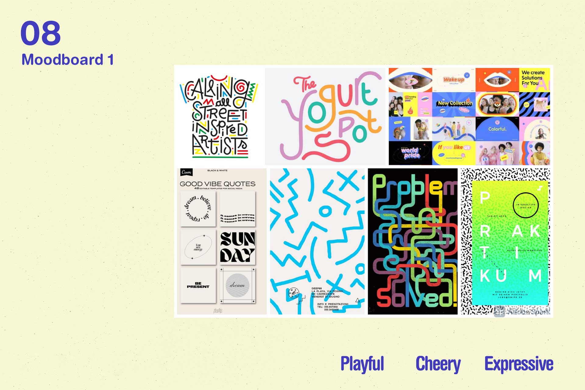 Moodboard collage featuring colorful and playful text designs, abstract shapes, and vibrant patterns labeled as playful, cheery, and expressive.