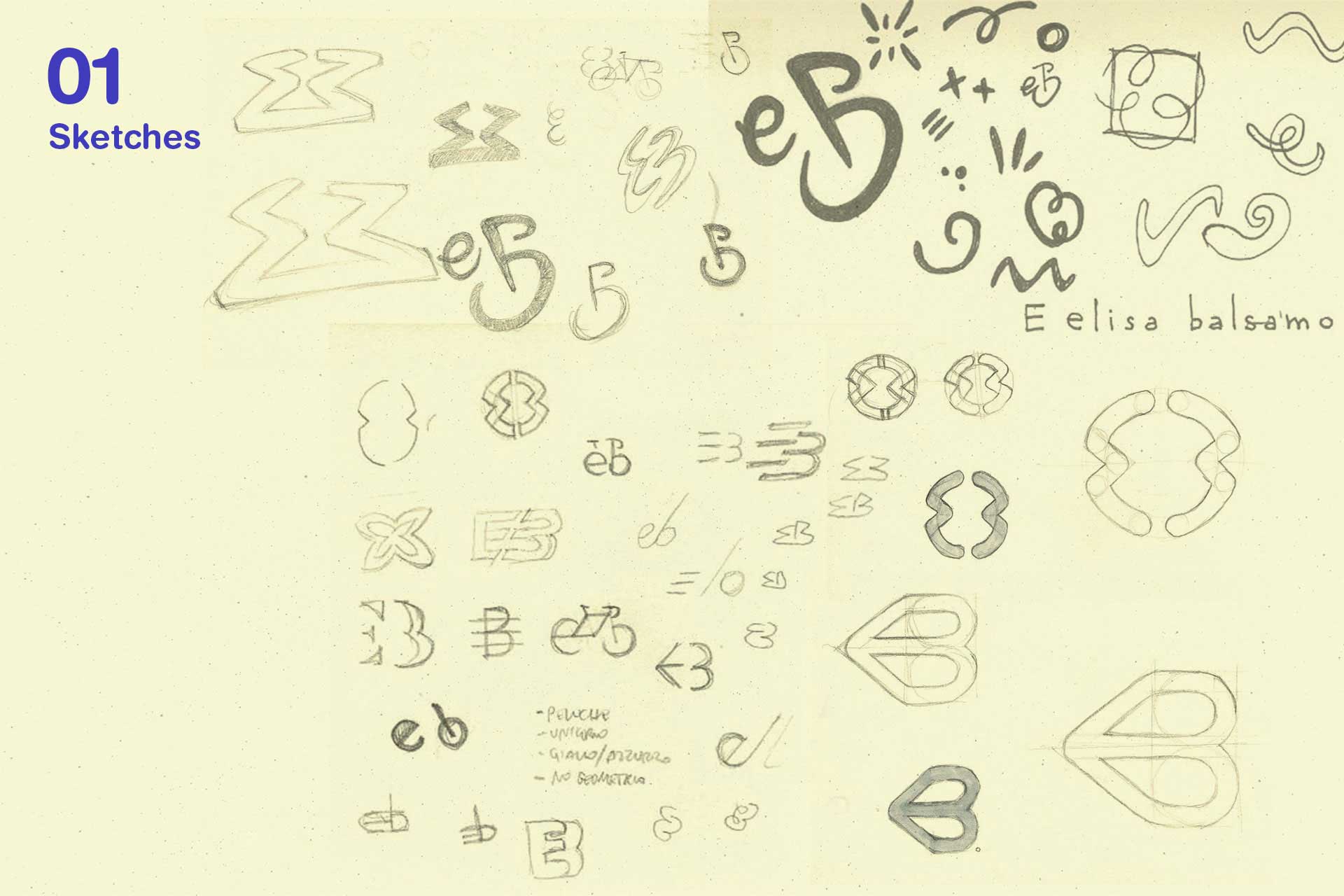 Hand-drawn pencil sketches of various stylized monogram designs and abstract symbols on a light background, labeled '01 Sketches' and signed 'E elisa balsamo'.