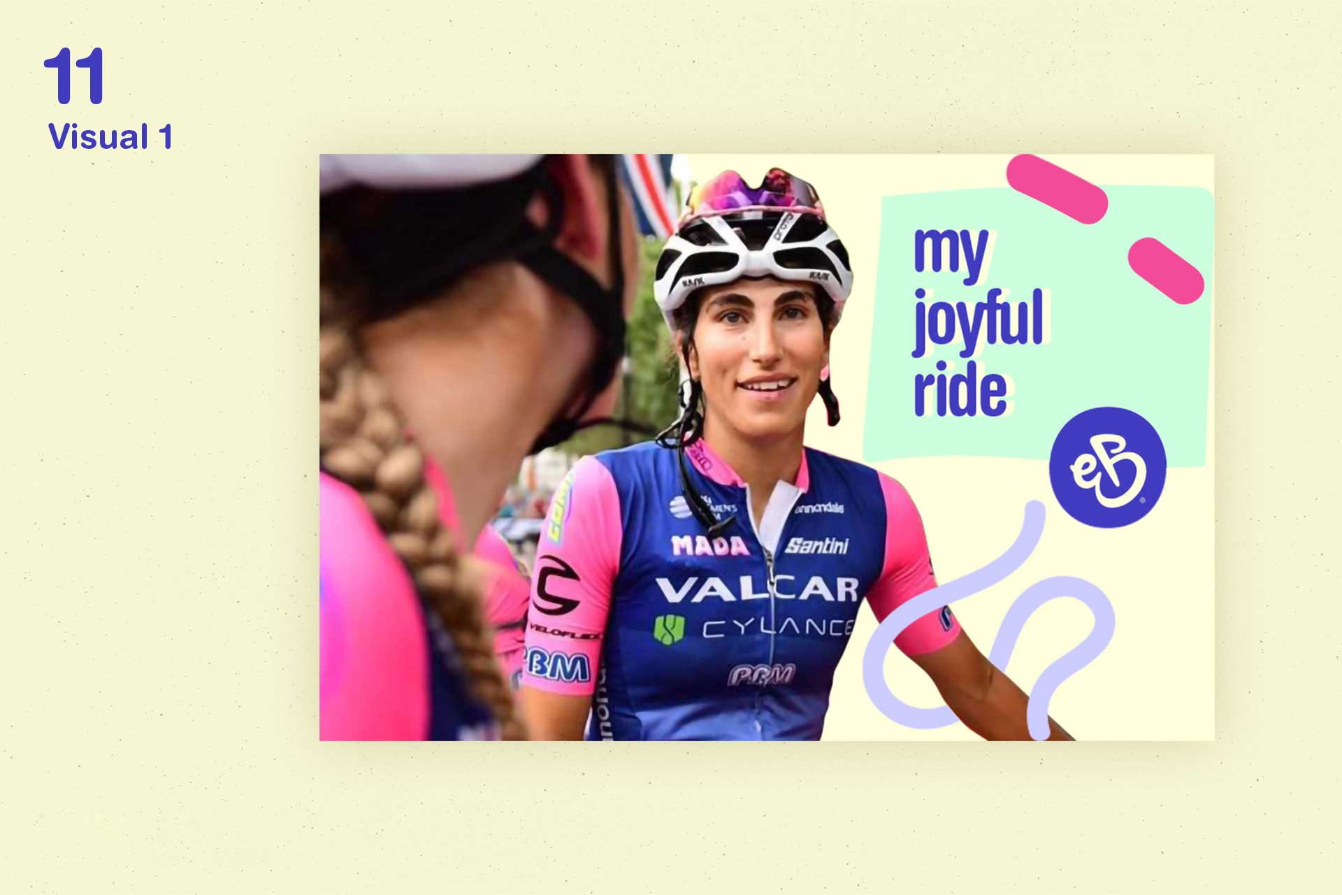 Smiling cyclist wearing a Valcar Cylance team jersey and helmet, with the text 'my joyful ride' next to her.